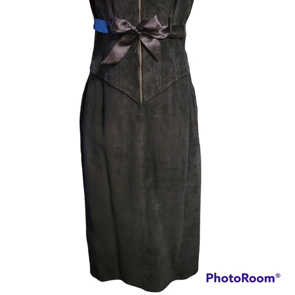 NWT Aldo 6 Suede Leather Dress Bodycon Black/Dark Purple with Satin Bow ab Waist - Picture 3 of 14